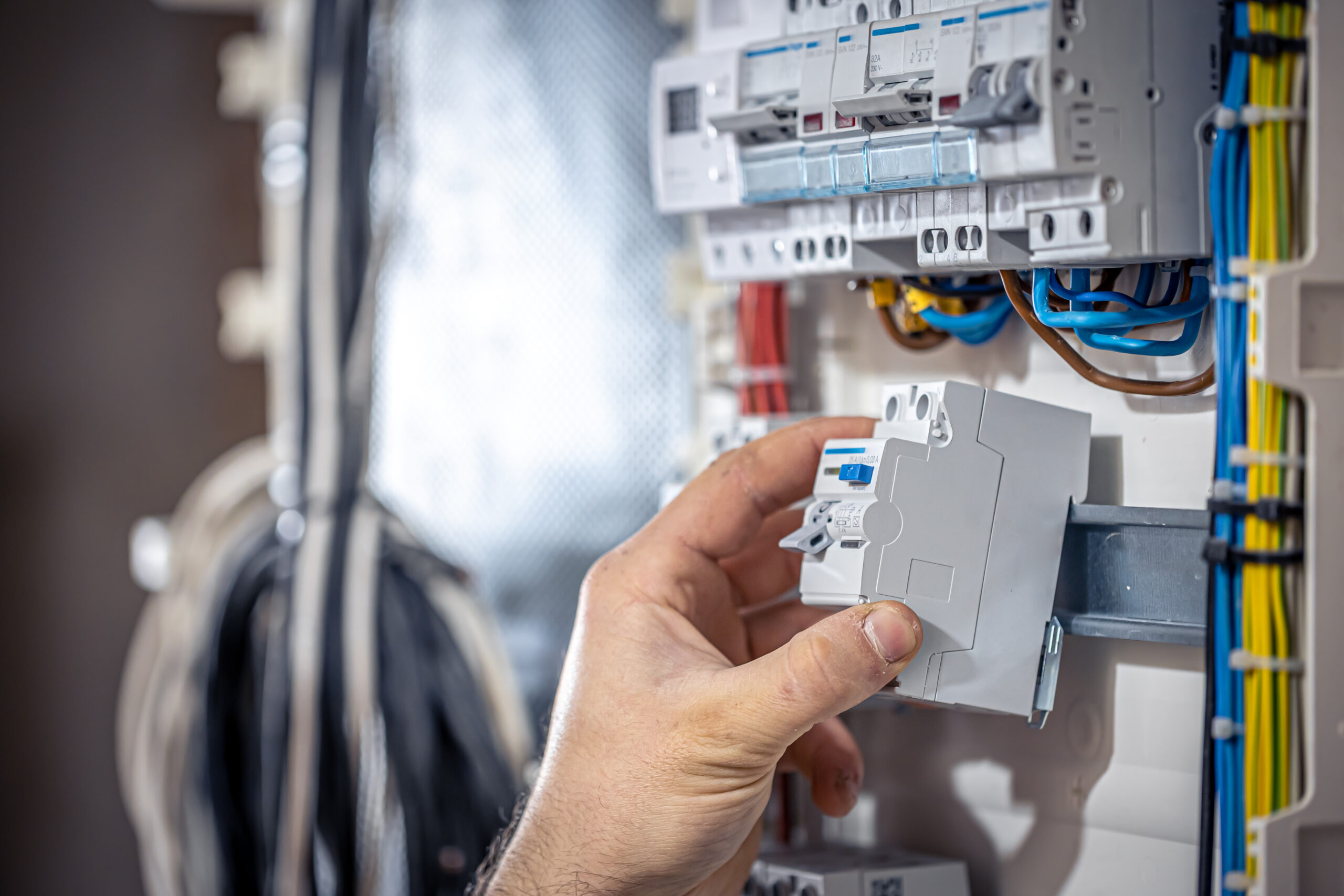 un electricista masculino trabaja en una centralita con un cable de conexion electrica 3 scaled